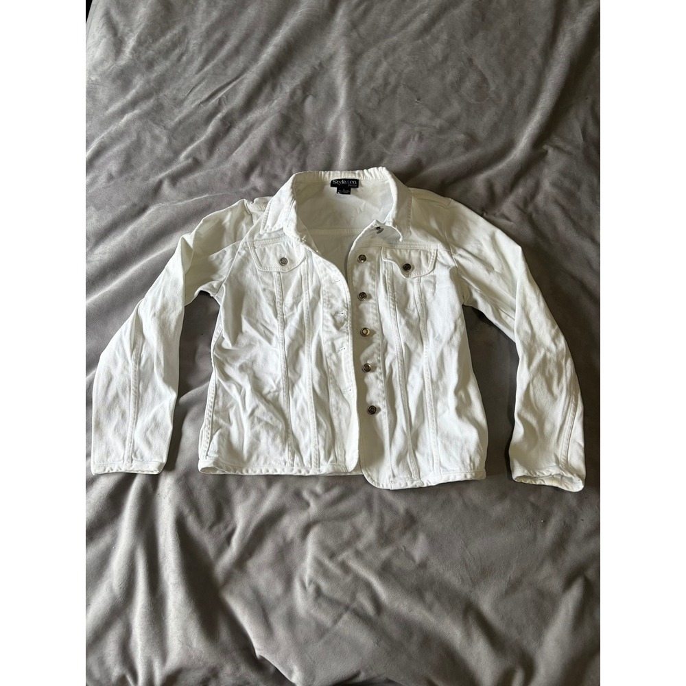 Style & Co Petite White Denim Trucker Jacket Womens Small Cotton Stretch‎
